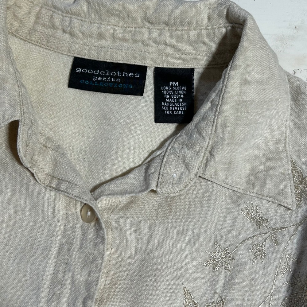 Goodclothes Petite Linen Embroidered Button Down Shirt Beige PM Floral Top